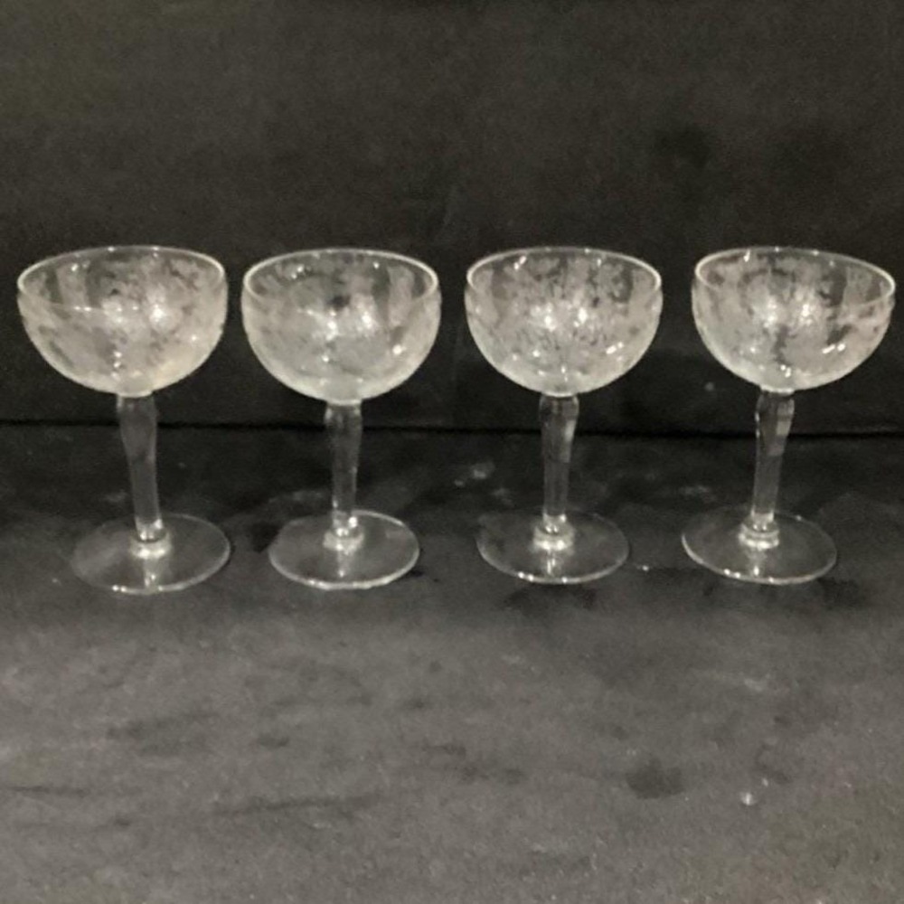 Fostoria Style Chinz Tall Sherbet Glasses, Set Of 4, Vintage Etched Stemware - Picture 8 of 11